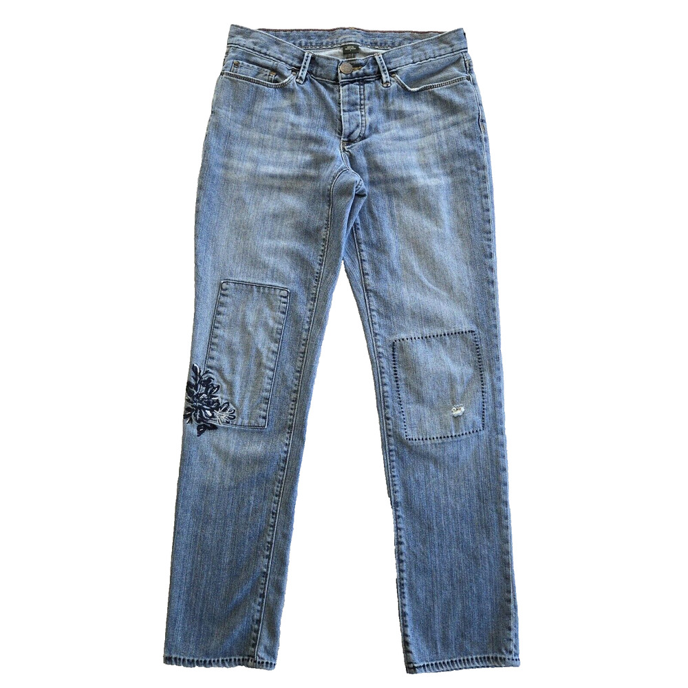 Eddie Bauer Jeans Womens 2 Button Fly Straight Distressed Embroidery Boho Y2K